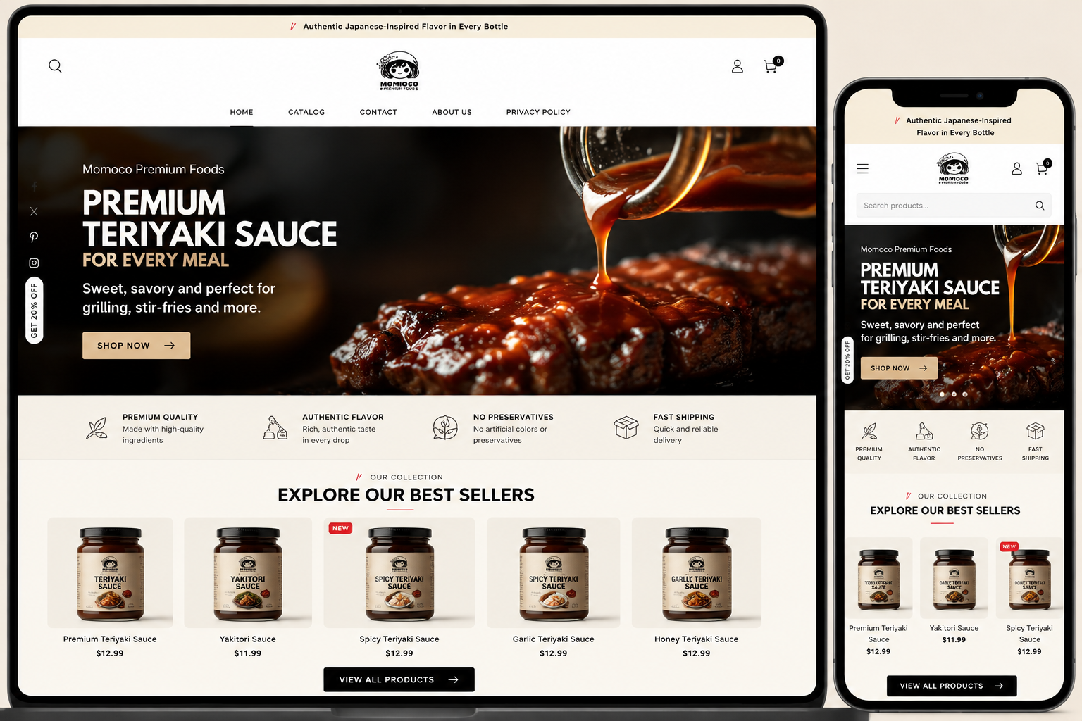 Momoco Premium Foods Shopify store mockup